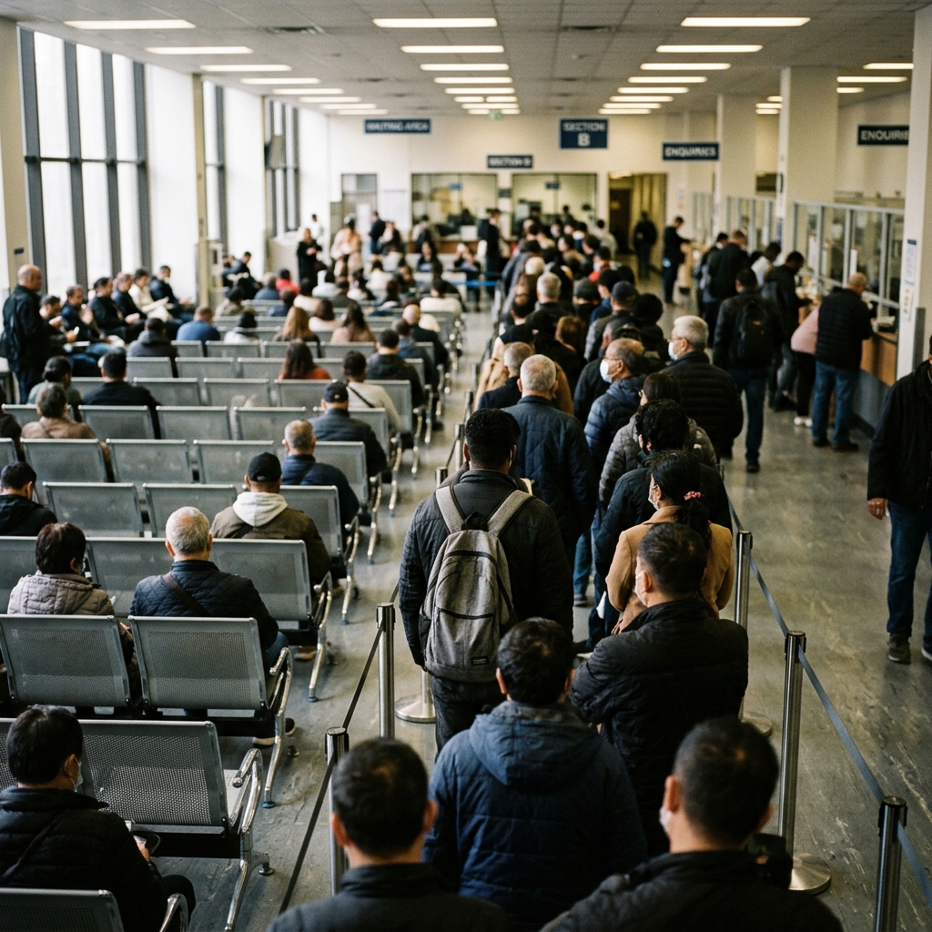 Fila longa de pessoas aguardando atendimento representando burocracia interminável do INSS