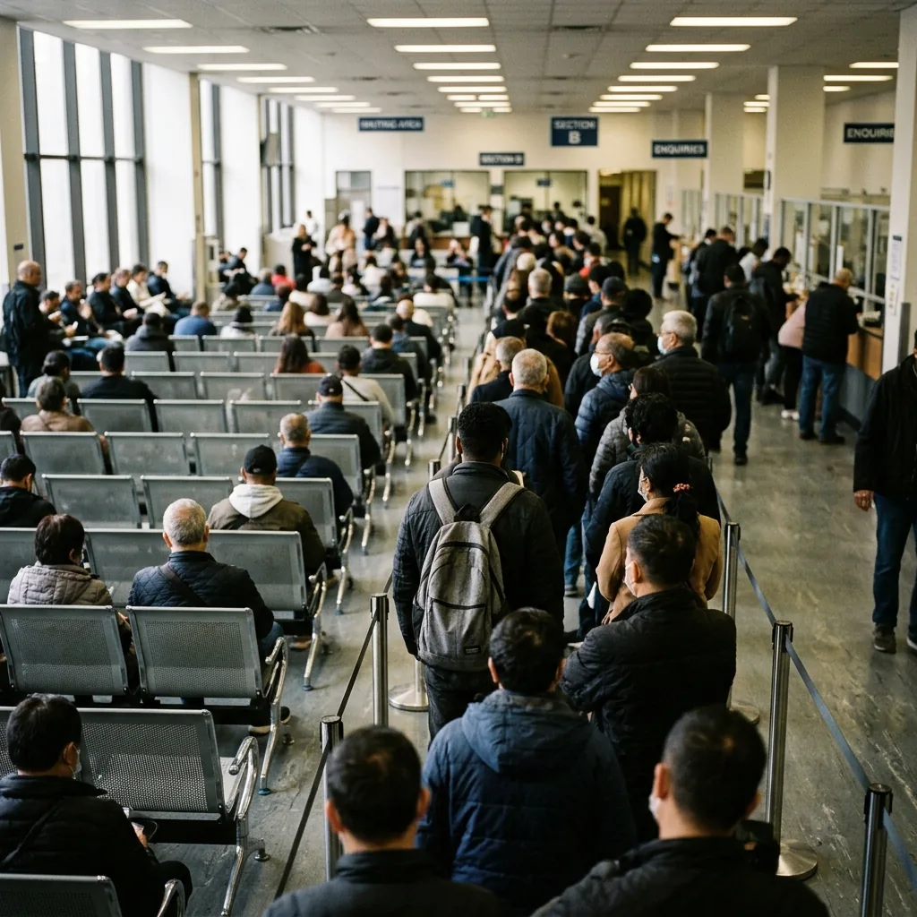 Fila longa de pessoas aguardando atendimento representando burocracia interminável do INSS